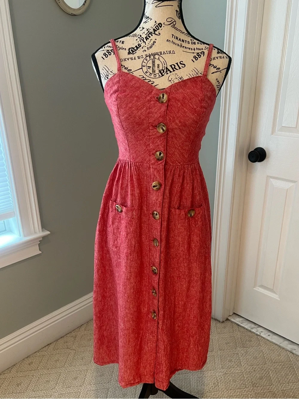 Indigo Rein coral-red linen-blend midi dress | Size S | Excellent Condition